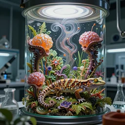 photo of a science lab, wired gekko, gelatinosis glass, retro futurism, lush layered biomechanical fauna, phantastica, aliena, insectoid, flux symbiosis, gekko soles gelatin brains,, detailed chaos, artificia, vortices micro water, fluida, octane render, by peter mohrbacher and alex grey