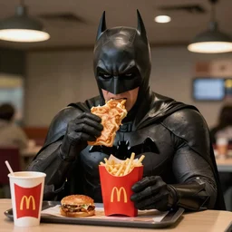 A still of Batman eating at McDonalds, 4k, photograph, ultra realistic, highly detailed, studio lighting