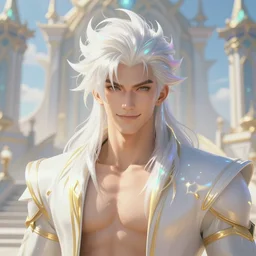 portrait of an athletic man with strange hairs, soft smile, final fantasy, league of legends champion, strong iridescent light, by chengwei pan and sakimichan and greg rutkowski and alphonse mucha, gradient white to gold, in front of a magical building background, highly detailed portrait, digital painting, smooth, focus illustration