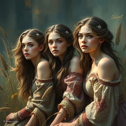 illustration studio portrait of three beautiful sisters in artistic poses female energy in nature, monet painterly motives and textures pattern, hyper detailed, octane render, vivid colors, artstation, by jeremy mann, by alphonse mucha, by monet