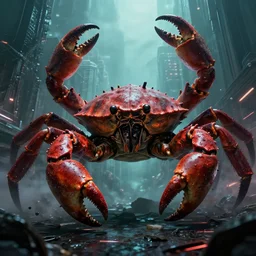 a giant Cyborg crab, cyberpunk, invading a city, cinematic, realistic, digital art, Lovecraft, by Stephen king, scary, horror, finely detailed, 8k