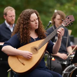 stocky irishwoman lute player playing the lute, curly long hair, victo ngai, kilian eng, lois van baarle