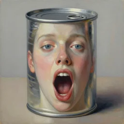 a tin can with a face, opening its mouth, surrealist oil painting