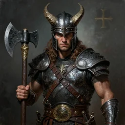 a photorealistic painting of Conan the reaver , in a horned helmet, rough chainmail armor, wielding an axe, extremely muscular male fantasy hero, extremely detailed, mixed media style comic book artwork, artstation, medieval fantasy art, sharp focus, perfectly symmetrical facial features, melancholy lighting, art by Barry Windsor-Smith and Bill Sienkiewicz , hyperrealism, dark fantasy, menacing atmosphere, golden ratio, hyperdetailed, highest resolution, heavily detailed and ornate