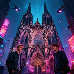 a gothic cathedral dan mumford and josan gonzalez and simon stalenhag, cyberpunk, vibrant, utopian, police drones, neon signs, high contrast