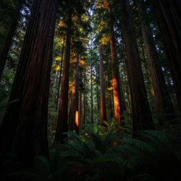 numerous redwood trees faintly glowing with different colors in dark night jungle, wide angle shot, dslr hd details, highly detailed, 8K render
