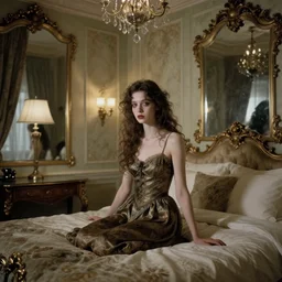 a beautiful girl in a liminal hotel room, insanely detailed and intricate, ancient vintage colored photography, eerie, weird, surreal, strong lights, elegant, ornate, glassy reflects