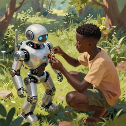 a black boy fixing a futuristic robot in the nature, mixing solarpunk, afropunk ( ( ( ( volumetric light ) ) ) ), high angle, part by pearl fryar, part by prince damah, sunny day, trending on artstation, cinematic view, illustration, painting