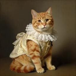rembrandt painting of a ginger tabby cat wearing fancy clothes