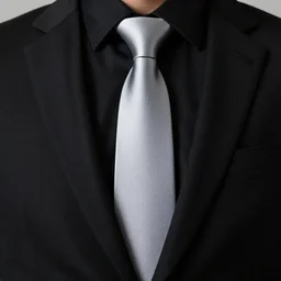 full shot photograph of a black suit with a black shirt and silver tie, silver tie, with a silver tie and black shirt photorealistic photograph cinematic lighting intricate detailed 8 k resolution