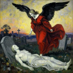 aesthetically pleasing image of the whitewinged angel of death wearing a crimson and black robe descending on the lonesome faceless phantoms in their graves paul cezanne arthur rackham norman rockwell oil painting