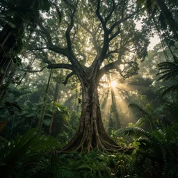 horrific, spectacular tree in a densely overgrown mysterious jungle, fantasy, dreamlike sunraise, ultra realistic