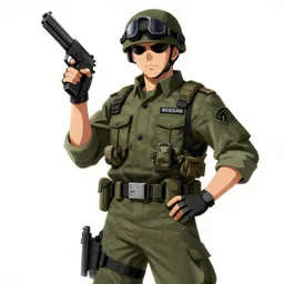 a soldier holding a gun and posing, trending on artstation, illustration by Yoji Shinkawa