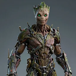 human goth groot ; adult male 3 0 years ; glowing green eyes ; smiling ; sharp facial features ; slender ; vampire ; wearing high tech armour ; robot ; trending on artstation ; high detail ; digital art