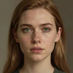 portrait of a white woman with green eyes, light brown straight hair, slender face structure, cinematic composition, detailed, hd, digital art