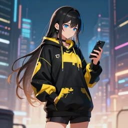 a vtuber model concept art of a beautiful girl in a black and yellow hoodie looking on a smartphone in her hand, blue eyes, long hair, full body art, futuristic city background, artstation, digital art, commission art, style by jordan grimmer and greg rutkowski, 4 k resolution