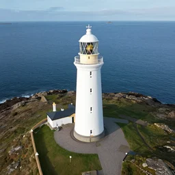 a landscape photo of neist point lighthouse isle of skye, aerial far wide shot with 4 0 0 m lens, strong kodak portra film look