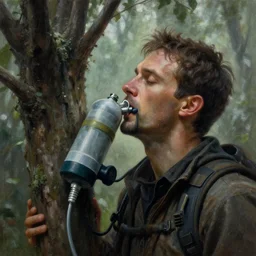 a portrait of the last human on earth breathing the last tree thru oxygen tank, Matte painting , detailed painting, made by Greg Rutkowski, 4k resolution, atmospheric, breathtaking