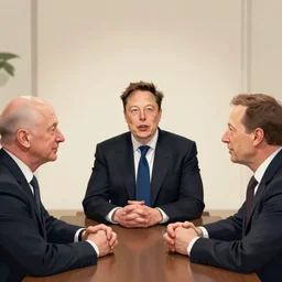 cell shaded illustration of a meeting between elon musk, mark zuckerberg, jeff bezos, very detailled, art contest winner on behance, trendy on deviant art, by by artgem, greg rutkowski, by herge