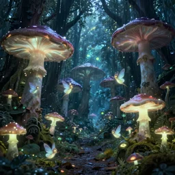 eerie glowing mushroom forest with fairies, glowing eyes, raining, fantasy landscape, 8k, ultra detailed, concept art, trending on artstation