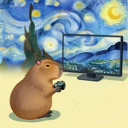 two capybaras playing videogames by van gogh