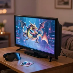 curved 3 dtv dragon popping out of tv, volumetric lighting, bedroom, visor, users, pair of keycards on table, bokeh, creterion collection, shot on 7 0 mm, instax