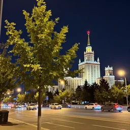 nearby, a small tree's leaves trembled in the night breeze, twinkling without pattern as they reflected streetlight. in the distance, the red star atop the beijing exhibition center's russian - style spire reflected the light from the cars passing below, also twinkling randomly.