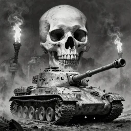 b & w inks skull of giant, mounted on destroyed panzer, medical, dystopian, by wayne d barlowe, h r giger, simon bisley & boris vallejo, enric torres, hyper realism, narrative light, muted colors, epic, hyper detailed, awe inspiring, award winning horror, torch lighting, hyper realism, cinematical