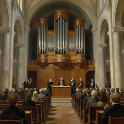 people listen to a pipe organ concert in a small basilica, matte painting, scenic full shot, ambient lighting, by alan lee, artgerm, oil painting by caravaggio and goya