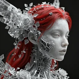 mythical dreamy black and white organic bio - mechanical spinal ribbed profile face portrait detail of translucent steampunk beautiful female angelic - human - queen - vegetal - cyborg - red - haired, highly detailed, intricate crystal ivy jelly ornate, poetic, translucent roses ornate, 3 d render, digital art, octane render, 8 k artistic photography, photo - realistic, by dora maar