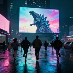 people running towards the camera, running from godzilla, chillwave, electronic billboards, tech noir, wet reflections, atmospheric, ambient, livia prima, greg rutkowski, edward hopper, pj crook