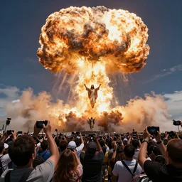 hundreds of people taking photos, jesus coming down from heaven, nuclear explosion