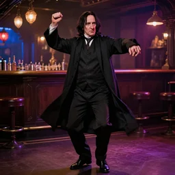 Severus Snape dances in a bar, neon, realistic, full body, very detailed, super realistic