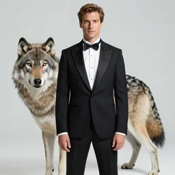 man wearing a tuxedo standing next to a wolf