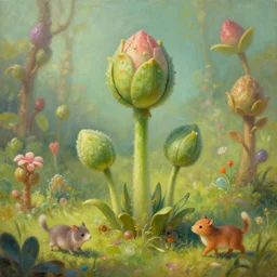a beautiful painting of close up plant sprouts in a fantasy world full of interesting buds fictional and gorgeous, cute animals walking nearby, 8 k resolution, highly detailed, hdr, artwork