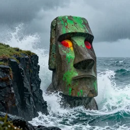 the pain is splattered on the sad monster's green face on a rainy day as stormy ocean waves crash against his cliff - sized head, red and yellow eyes, easter island, unreal engine
