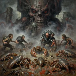 fine art oil painting varied filthy rugated armored crustaceans clawing & terrified as massive brutalist structure, claustrophobic cilia sporing pox, evil fog, final drag race battle, clustered horror, by virgil finlay, vincente b ballestar, by francesco blanc, geof darrow, bisley, b wolverton & by jack gaughan high