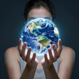 woman holding the planet earth in her hands, close to her face, glowing