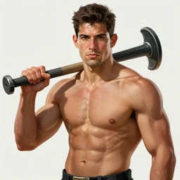 portrait of justin medeiros upper part of the body powerful, musculated, he carries a 2 0 cm crossfiter in his right hand, by aenaluck, artgerm and roberto ferri and greg rutkowski, digital painting, artstation, concept art, smooth, sharp foccus ilustration hq