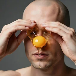 beautiful photograph of a bald man breaking open a head to find glistening yolk within