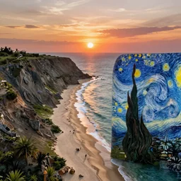 a beach between two valley, by Salvador Dali and Van Gogh collaboration, sun set, digital art, high details, drone wide shot