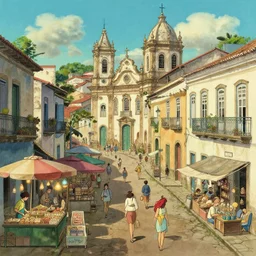 prosperous markets in salvador bahia Brazil artwork by Hayao Miyazaki