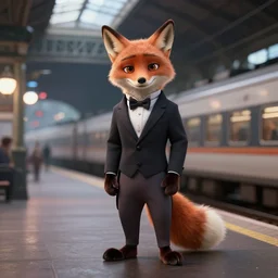 anthropomorphic furry fox wearing a tuxedo stands on a train station ,detailed, environment, building, train, cinematic lights, Artstation