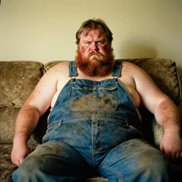 extremely obese redneck white male with long beard, wearing dirty overalls, dirty greasy face, angry frown, reclining on a sofa, kodak gold 2 0 0, 5 0 mm