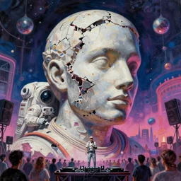 dj rave party, hyperrealistic surrealism, dreamscape, thomas cole, award winning masterpiece with incredible details, zhang kechun, a surreal vaporwave vaporwave vaporwave vaporwave vaporwave painting by thomas cole of a gigantic broken mannequin head sculpture in ruins, astronaut lost in liminal space, highly detailed, trending on artstation