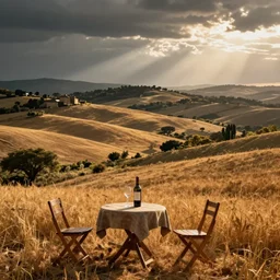 warm country landscape in the style of toussaint, with a small table with a bottle of wine and glass in foreground