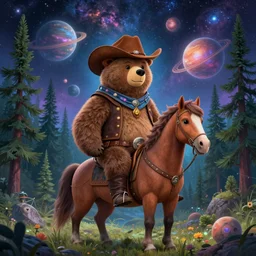 psychedelic, trippy, bear cowboy, pine forest, galaxy horse, planets, milky way, cartoon by rob gonsalves