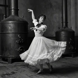 wet plate, portrait of scarves dancer, victorian era boiler room, coal dust