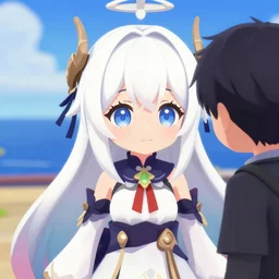 Hoppou or also called Northern Ocean princess, a character from Kantai Collection in vrchat looking at a random person from VRChat she has white hair and big round anime eyes