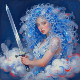 a painting of a woman who made of curly and transparent feathers and cloud with red edges is holding a sword, a digital painting by charlie bowater, made of many translucent layers of blue feathers and cloud, metaphysical painting, speedpainting, digital painting, holographic undertones, highly saturated colors, 4 k, glossy eyes, concept art, trending on artstation